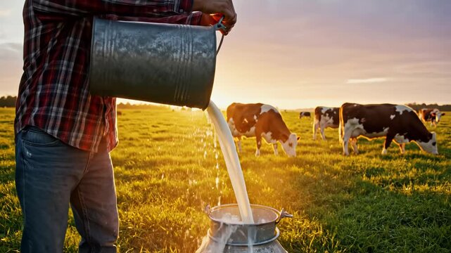 Person pouring milk with cows in field