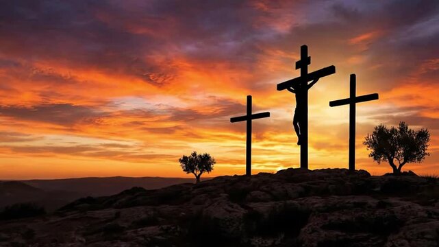 Silhouette of Jesus Christ on the Cross at Sunset on Calvary Hill for Good Friday and Easter