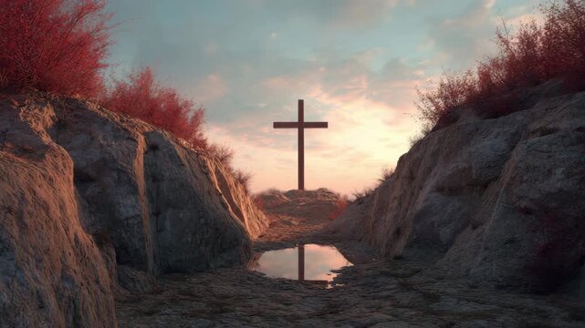Cross rocky hill sunrise with reflective pool and puddle, dramatic red shrubs and foliage, rocky path silhouette red sky and cloud, serene sunset reflection conveying peaceful hope, calm and reverence