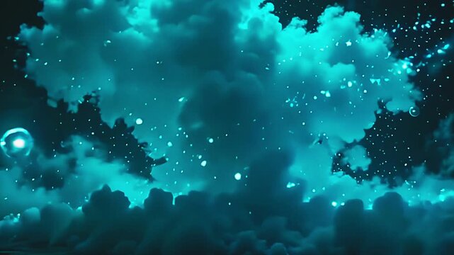 Bright clouds explode cyan vapor blast, weaving dynamic patterns across a green background, with glowing orbs dancing in a vibrant, electrified scene at midday.