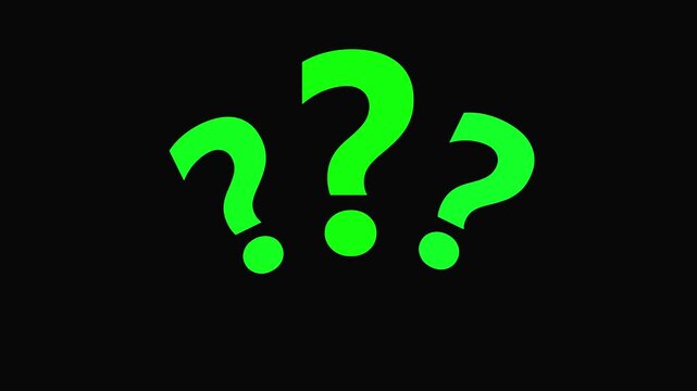 Three Bright Green Question Marks on Video animation a Black Background.