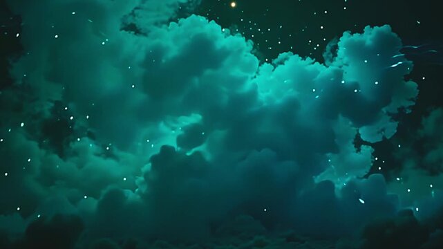 Dynamic wisps explode cyan vapor blast, weaving sharp tendrils across a green background, with glowing orbs rippling in a serene, festive scene at dusk.