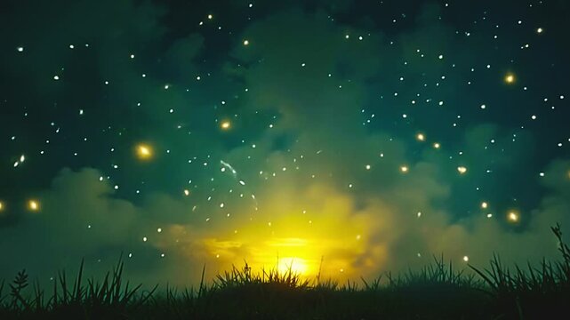 Bright vapors explode cyan vapor blast, weaving angular patterns across a green background, with glowing fireflies twinkling in a lively, electrified scene at sunrise.