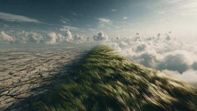 Lush grassland border divides cracked earth and dry soil, meadow ridge dividing cracked dry earth and desert against dramatic cloudscape sky horizon, contrast and texture evoking tension and hope