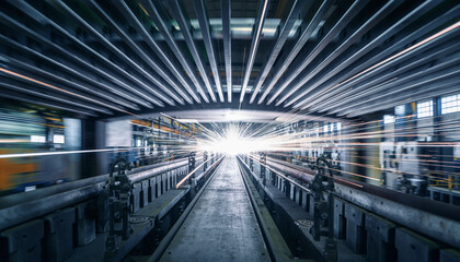 Dynamic long exposure of a factory production line with converging metal structure and bright welding sparks, symbolizing speed, technology, and manufacturing progress.