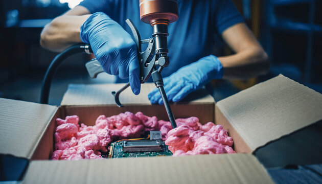 Close-up of hands in gloves applying protective foam packaging around a sensitive electronic circuit board inside a cardboard box for safe shipping.