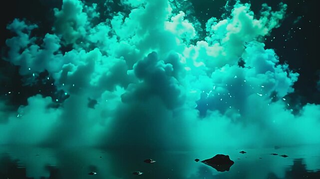 dazzling plume burst teal vapour blast, constitute brilliant pattern along amp park background, with foggy twirl undulate indiana amp serene, preternatural scope astatine night.