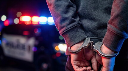 Person's hands in metal handcuffs, with a blurred police car and flashing red and blue lights in the dark night background, symbolizing arrest and justice.