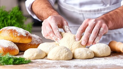 Bakers hands kneading raw dough on wooden board, preparing fresh homemade bread buns