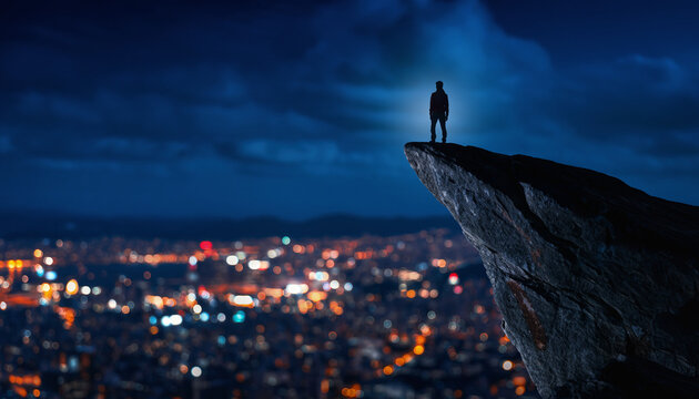 Silhouette of a person standing on a rocky cliff edge, overlooking a blurred night city panorama with bokeh lights. Adventure, challenge, and success concept.