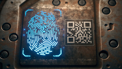 Digital biometric fingerprint scan and QR code reader on a textured industrial surface, symbolizing high-tech security, identity, and access control.