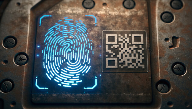 Digital biometric fingerprint scan and QR code reader on a textured industrial surface, symbolizing high-tech security, identity, and access control. - Powered by Adobe