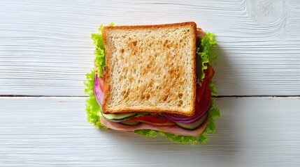 Top view of delicious sandwich on a white wooden