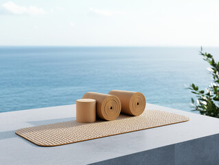 Naklejka premium Minimalist yoga mat outdoor textured fitness mat rolled exercise mat sea view terrace coastal meditation space peaceful workout morning natural