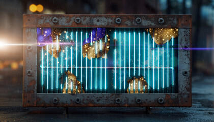 Conceptual image of a glowing digital world map trapped inside a rusty industrial crate in a rainy urban environment, representing global data or connection.