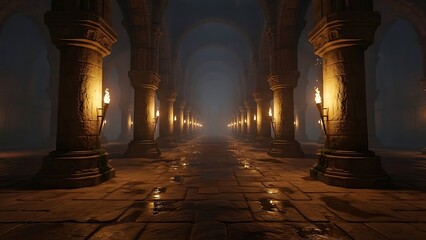 A long, dark, and mysterious ancient corridor illuminated by flickering torches, leading into the unknown depths of a grand old stone structure with vaulted ceilings and majestic pillars