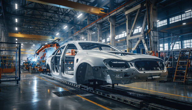 Car chassis moves along an automated production line inside a modern automotive manufacturing plant, with robotic arms working in the background.