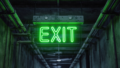 Obraz premium Bright green neon EXIT sign hanging in a dark, dirty industrial hallway with pipes and concrete surfaces, indicating an escape route or emergency exit.