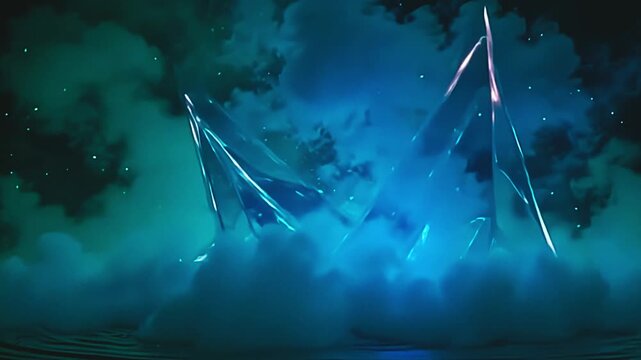 Vivid mists explode cyan vapor blast, surging into angular designs against a green background, with soft ripples twinkling in a whimsical, festive setting at night.