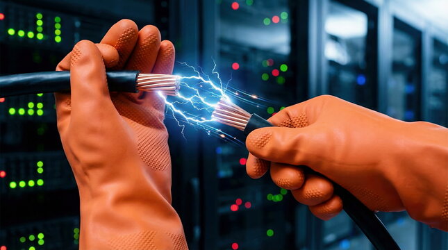 Gloved hands holding arcing electrical cables against a data center background, symbolizing danger, power, and IT infrastructure risk.