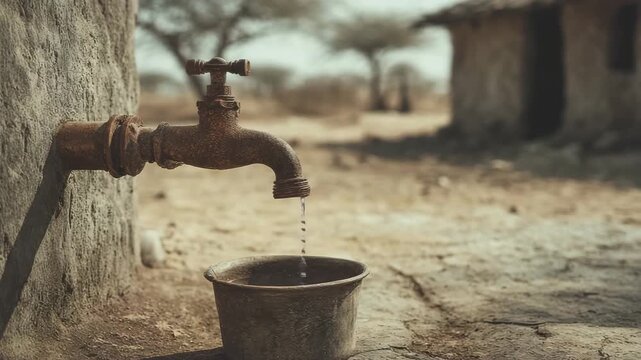 Rusty outdoor faucet dripping water into metal bucket and basin, rural tap drip over metal bowl by mud hut and acacia trees in arid drought landscape conveying scarcity and resilience