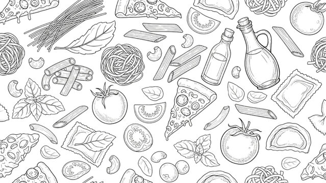 Hand-drawn Italian food ingredients and dishes seamless pattern illustration