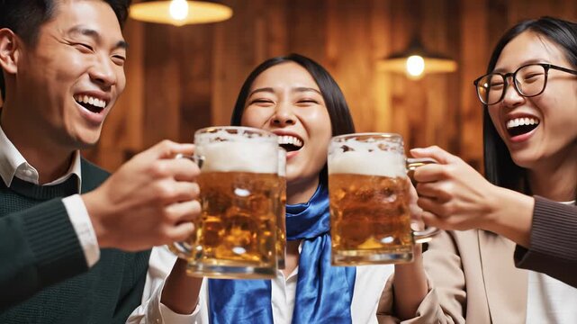 Three people clinking beer mugs