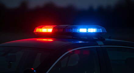 Police car flashing red and blue lights at night on dark road, symbolizing emergency response and public safety, creating a sense of urgency and vigilance.
