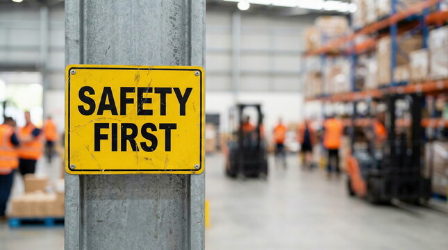 A bright yellow 'SAFETY FIRST' sign prominently displayed in a busy, blurred warehouse with workers and forklifts ensuring safe operations.