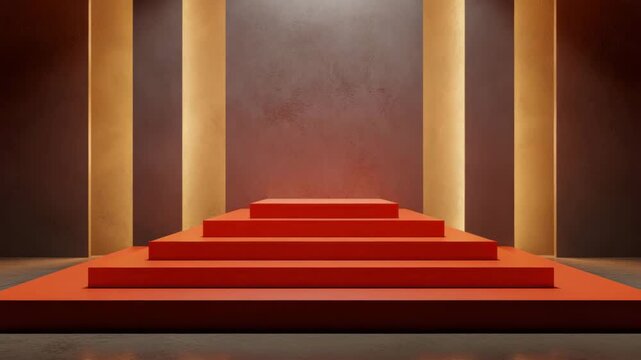 Red stage platform and red stepped podium minimalism interior stage with five ascending steps, warm lighting vertical columns, geometric architectural composition, dramatic shadows, reflective floor