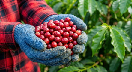 Farmer's gloved hands holding freshly harvested ripe red coffee cherries at a vibrant green plantation, highlighting sustainable agriculture.