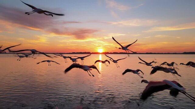 flamingos flying over water at sunset