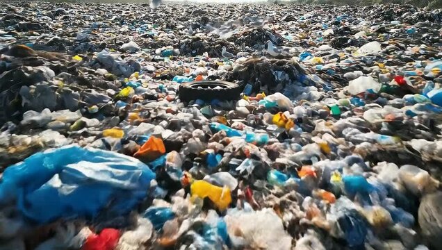 A vast landfill site with mountains of plastic waste and other garbage under a bright sky.