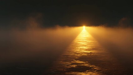 Golden pathway ocean horizon fog sunrise reflection water beam dramatic calm golden beam of light through mist over water leading to bright doorway atmospheric moody scene with reflection and mystery