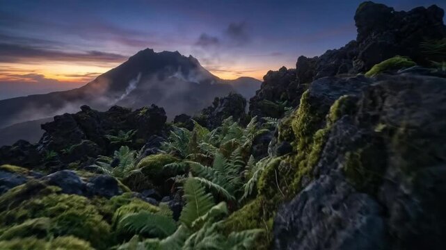Scenic volcanic mountain landscape at sunrise with green ferns and moss on black lava rocks