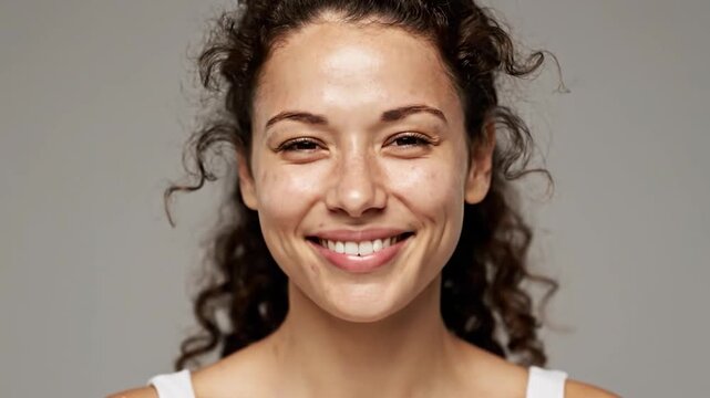 Young woman with curly hair touching her cheek with a glowing complexion