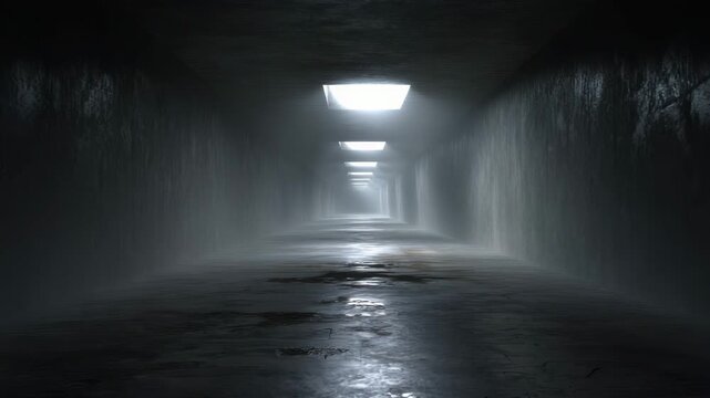 Dimly lit concrete tunnel corridor with skylight and rectangular ceiling lights, damp wet reflective floor and foggy atmospheric reflection creating long moody eerie vanishing perspective