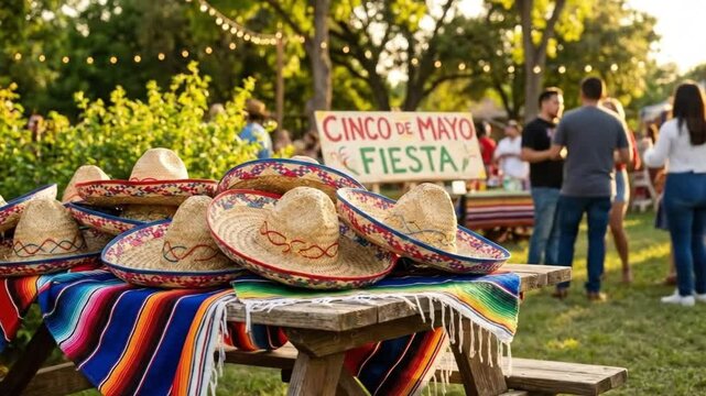 Cinco de Mayo fiesta celebration with pile of straw sombreros and colorful serape blanket on picnic table at outdoor party with people socializing in background