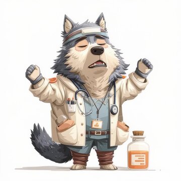 Sleepy wolf doctor yawns and stretches while holding medicine bottle