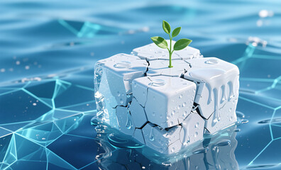 A small green sprout emerges from a cracked cluster of melting ice cubes floating on blue water with a stylized digital network pattern.