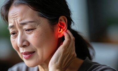 An older Asian woman suffers from ear pain, wincing while touching her brightly glowing red ear, symbolizing infection or severe inflammation.