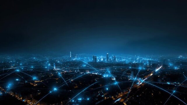 Connected smart city night skyline glowing blue network linking buildings lights data connectivity communication futuristic digital grid urban network