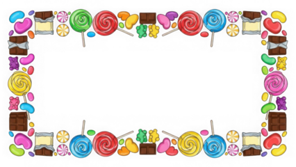 Colorful candy and dessert border frame with sweet treats isolated on transparent background