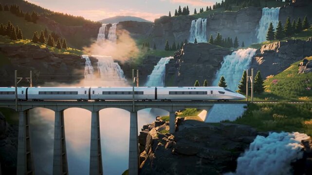 High-speed white bullet train crosses a bridge in a lush mountainous landscape with a majestic waterfall at sunset. Breathtaking nature scenery