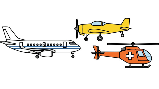 Side View Illustration of Diverse Aircraft: Commercial Airplane, Small Propeller Plane, and Emergency Helicopter