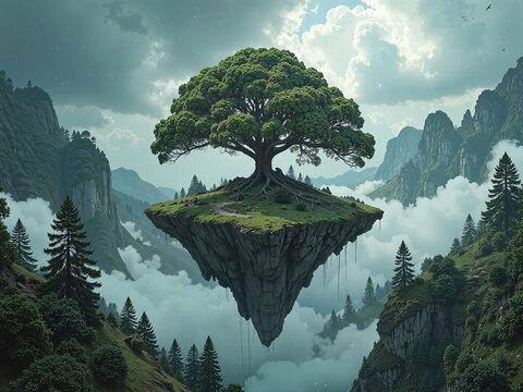 Surreal forest, floating island, misty atmosphere, cool green palette, tranquil composition,A floating forest island defies gravity, creating a serene and mysterious natural dream.