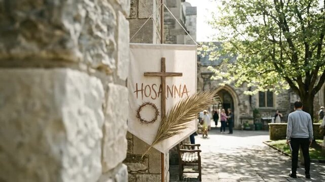 Hosanna church banner with wooden cross crown of thorns and palm branch hanging on stone wall during Palm Sunday Easter celebration