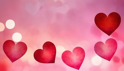 Pink background adorned with multiple floating hearts and soft bokeh lights creating a romantic mood