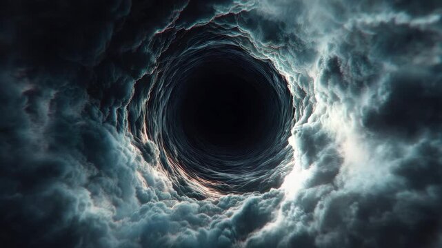 Dark swirling vortex of storm cloud forming tunnel with dramatic lighting and moody atmosphere, dark vortex of swirling storm cloud spiral with dramatic lighting and ominous mood, dark swirling cloud