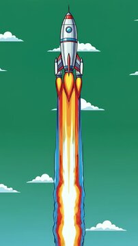 Pixel Art Rocket Launching into Green Sky with Clouds